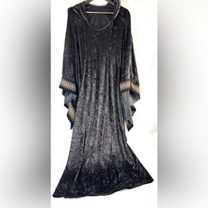 Rubies M Goth Hooded Elegant Black Velvet Dress with Gold Accent - Cosplay